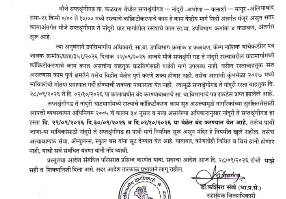 ‘या’ कालावधीत सप्तश्रुंगी गड रस्ता बंद राहणार